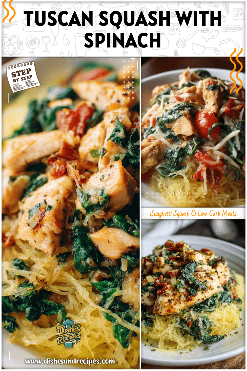 Chicken and spaghetti squash baked with fresh spinach and Tuscan-inspired seasonings