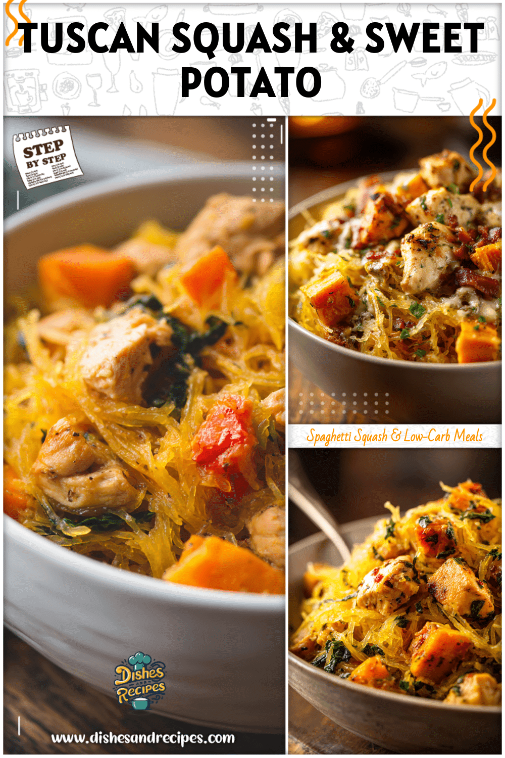 Bowl of Tuscan chicken with spaghetti squash and sweet potato chunks for a colorful dish