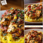 Tuscan Chicken with Spaghetti Squash Dinner 5 Plate of Tuscan chicken served over spaghetti squash with herbs and sauce for a wholesome dinner