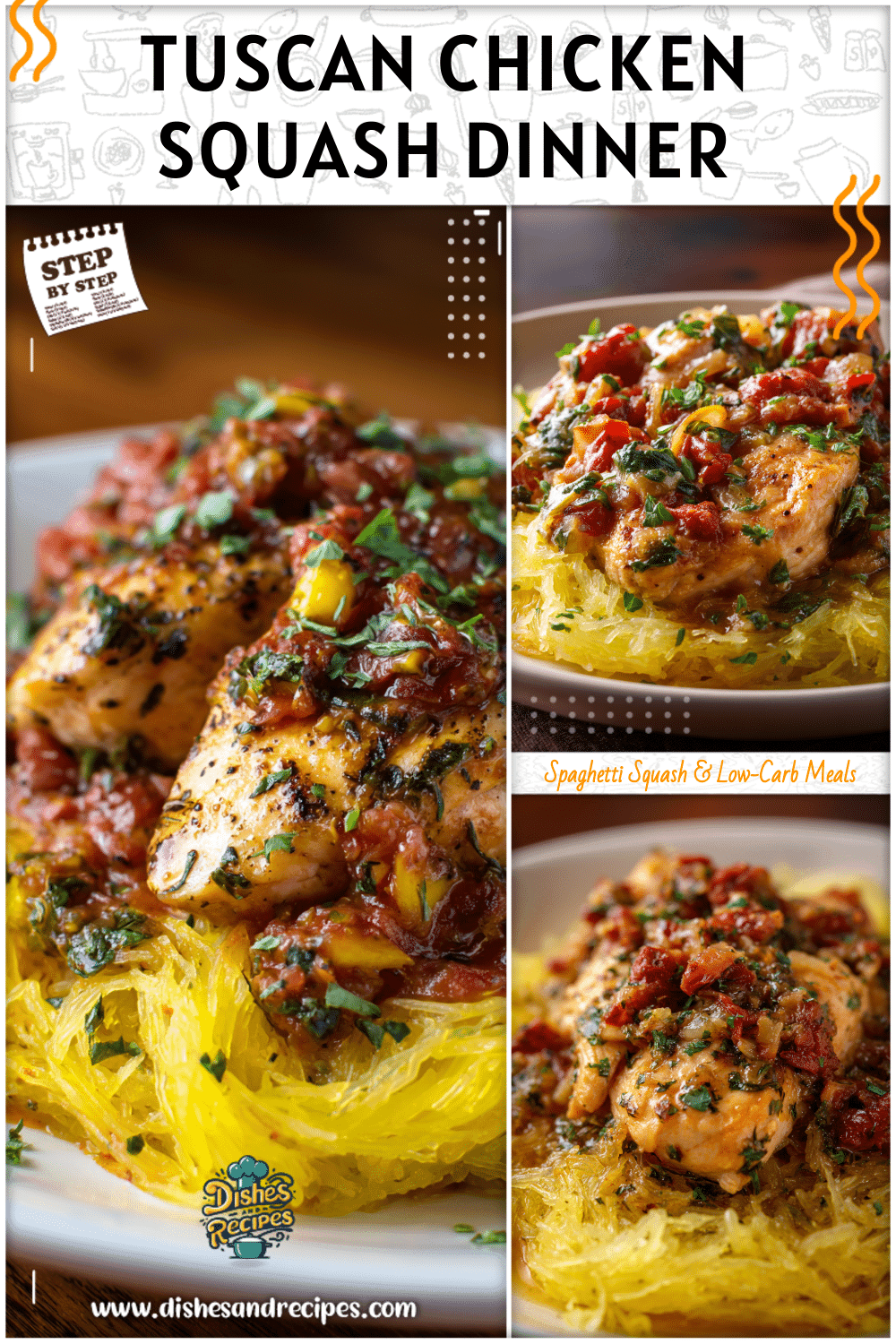 Plate of Tuscan chicken served over spaghetti squash with herbs and sauce for a wholesome dinner