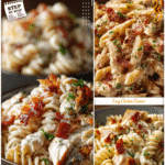 Creamy chicken bacon ranch pasta served in bowls for two as a cozy crockpot dinner idea.