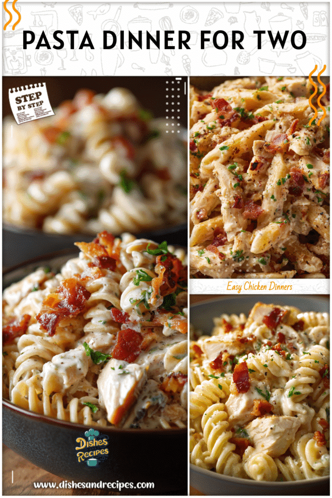 Creamy chicken bacon ranch pasta served in bowls for two as a cozy crockpot dinner idea.