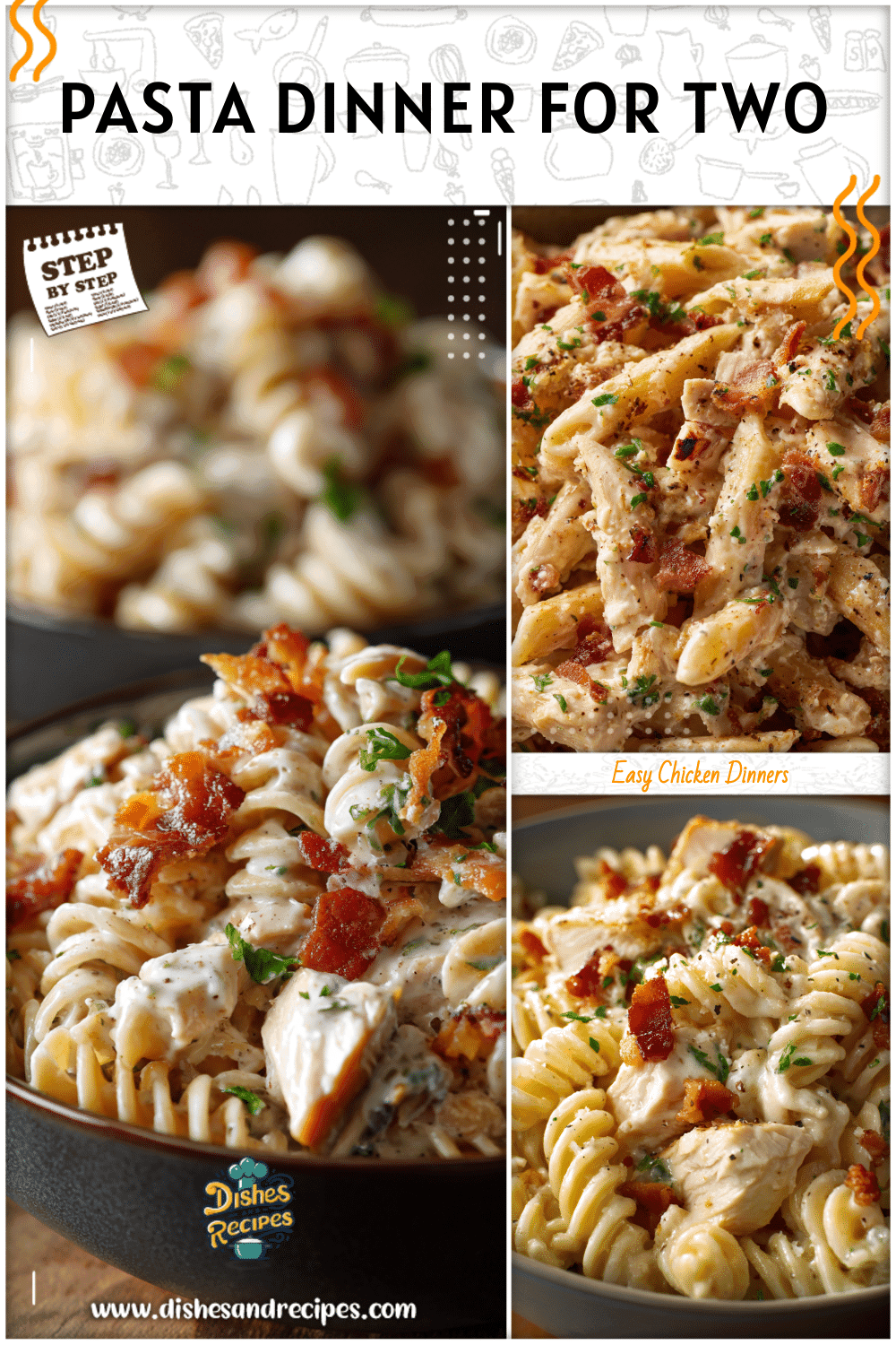 Creamy chicken bacon ranch pasta served in bowls for two as a cozy crockpot dinner idea.