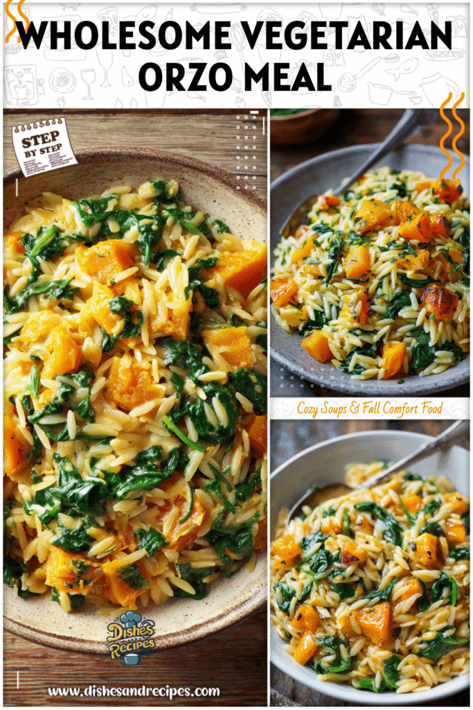 Home 30 Vegetarian creamy orzo featuring roasted butternut squash and spinach on a rustic table