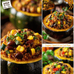 Vegetarian Southwest Stuffed Acorn Squash 5 Vegetarian Southwest stuffed acorn squash filled with quinoa, beans, corn, and herbs displayed on a fall-themed table.