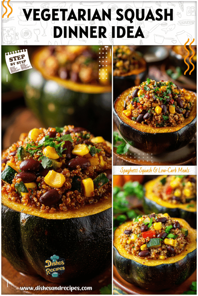 Vegetarian Southwest stuffed acorn squash filled with quinoa, beans, corn, and herbs displayed on a fall-themed table.
