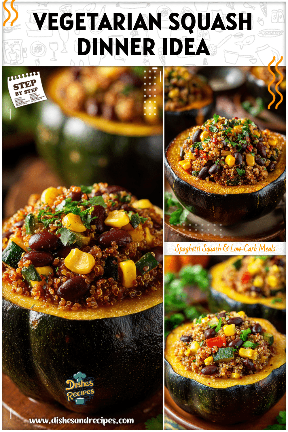 Vegetarian Southwest stuffed acorn squash filled with quinoa, beans, corn, and herbs displayed on a fall-themed table.
