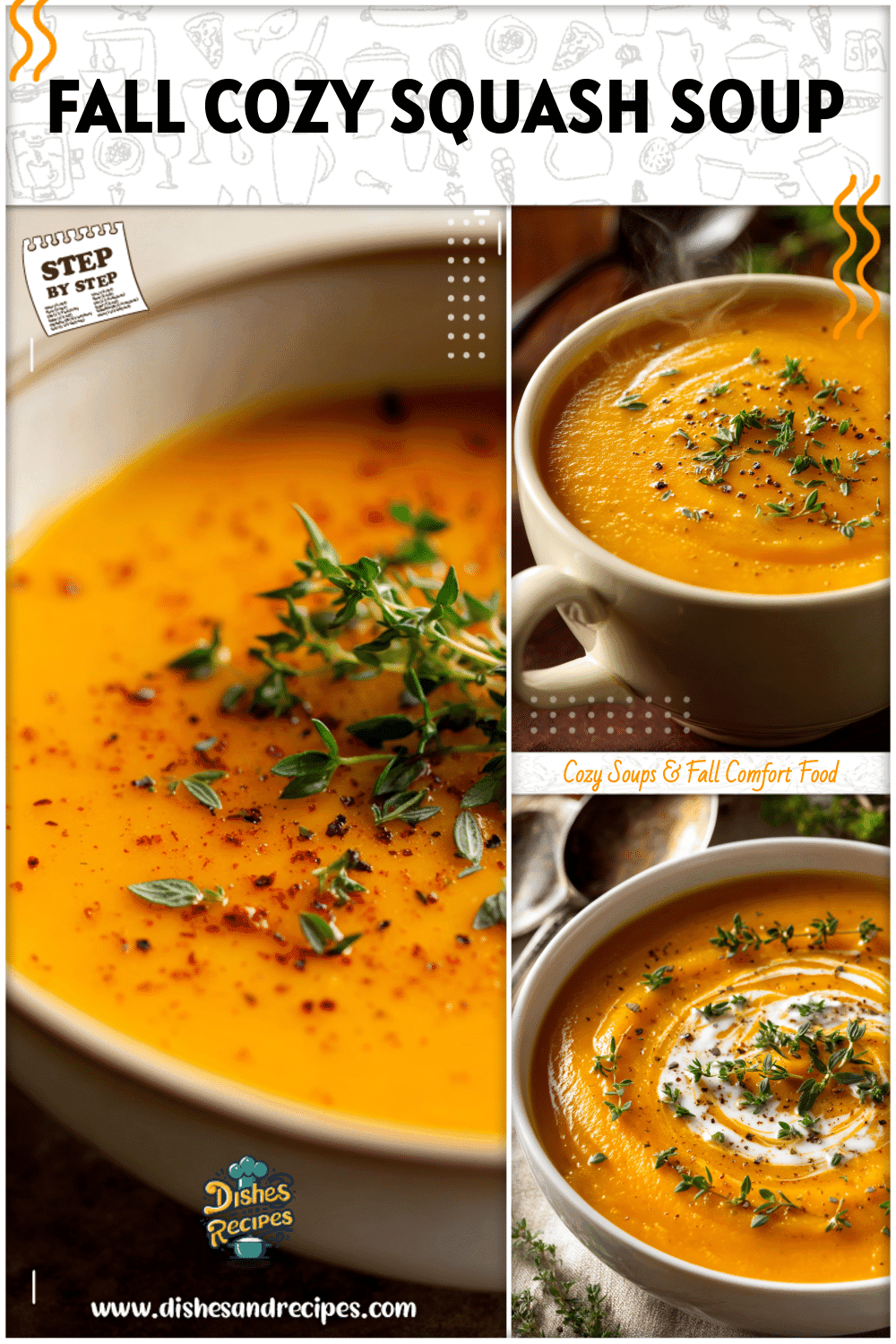 Steaming bowl of fall butternut squash soup with fresh herbs sprinkled on top.