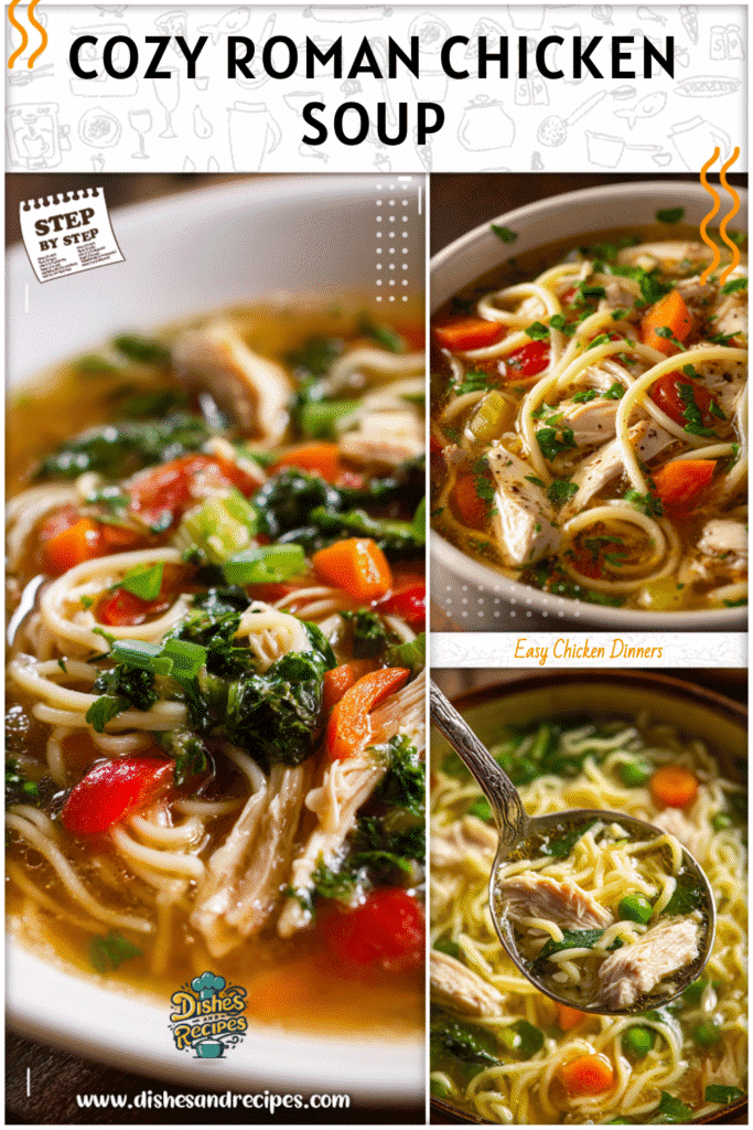 Bowl of Roman soup with chicken, noodles, and vegetables in a clear broth.