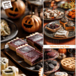 Plates of Wednesday Themed Food and Spooky Pie styled for a Halloween tea table.