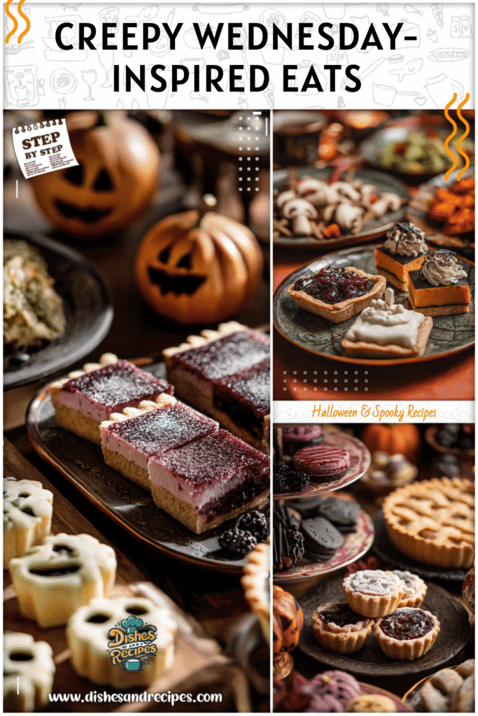 Plates of Wednesday Themed Food and Spooky Pie styled for a Halloween tea table.