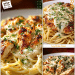 Plate of white chicken parmesan pasta topped with creamy sauce and parsley for Good Easy Dinners.