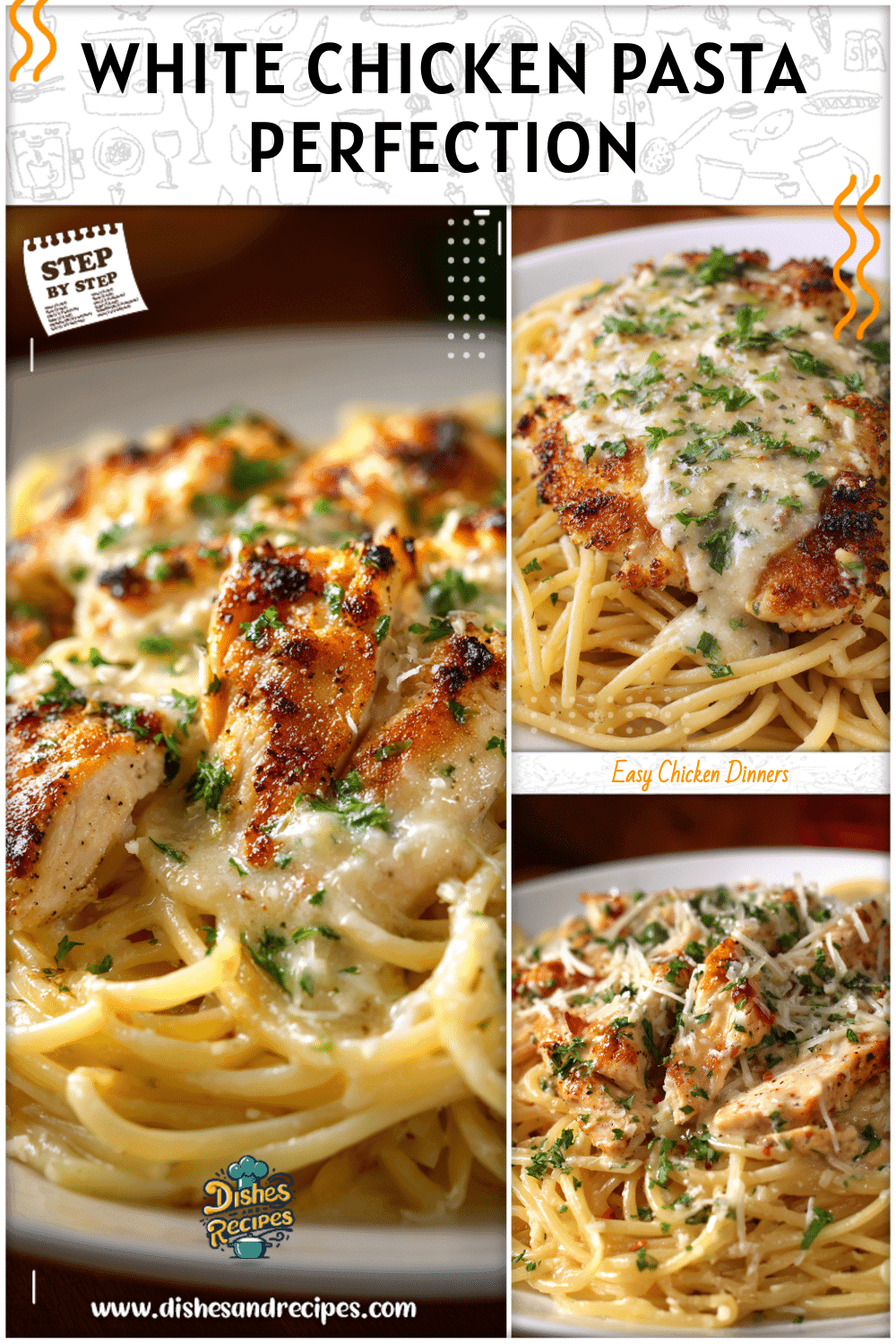 Plate of white chicken parmesan pasta topped with creamy sauce and parsley for Good Easy Dinners.