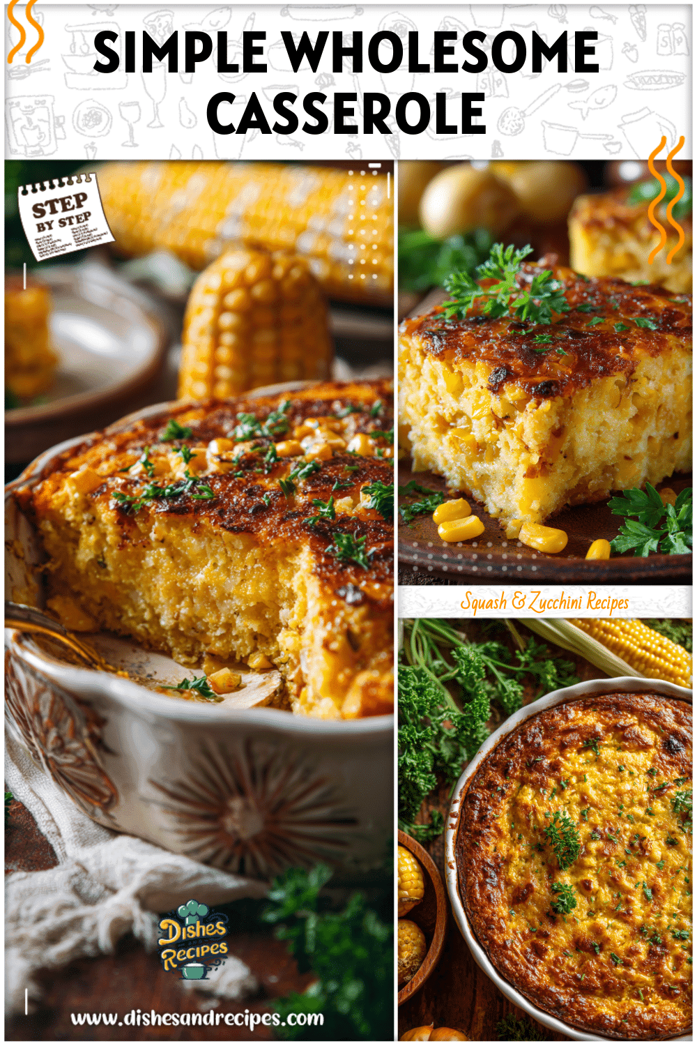 Tender baked corn squash casserole with golden crust and parsley on a rustic table