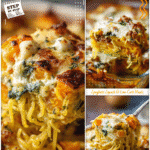 Creamy pasta and squash casserole topped with golden melted cheese and vegetables