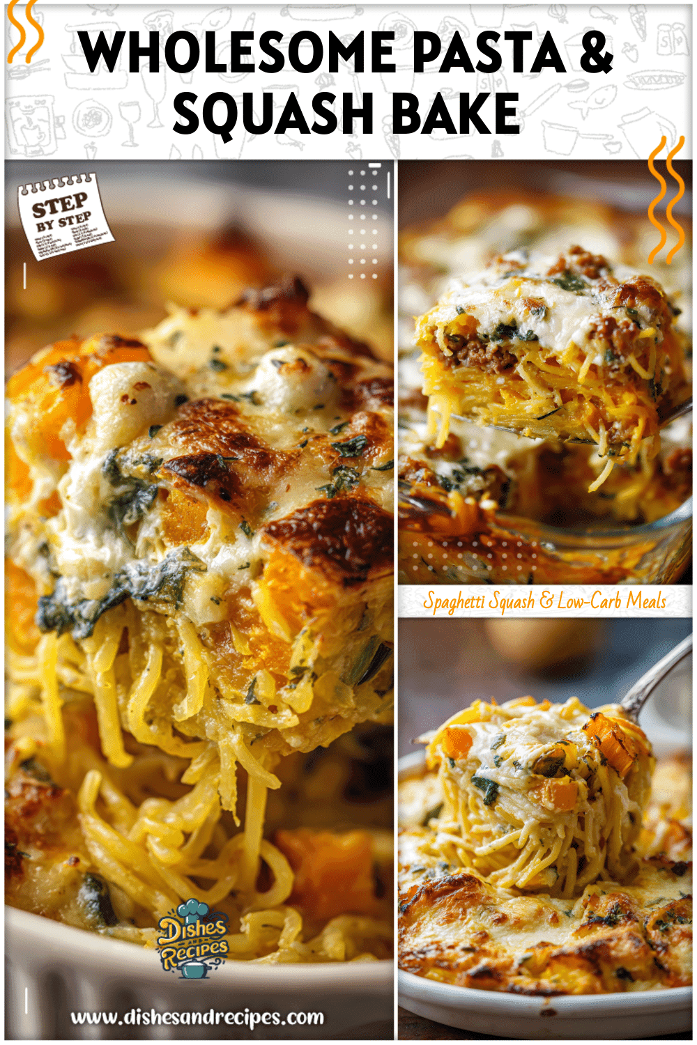 Creamy pasta and squash casserole topped with golden melted cheese and vegetables
