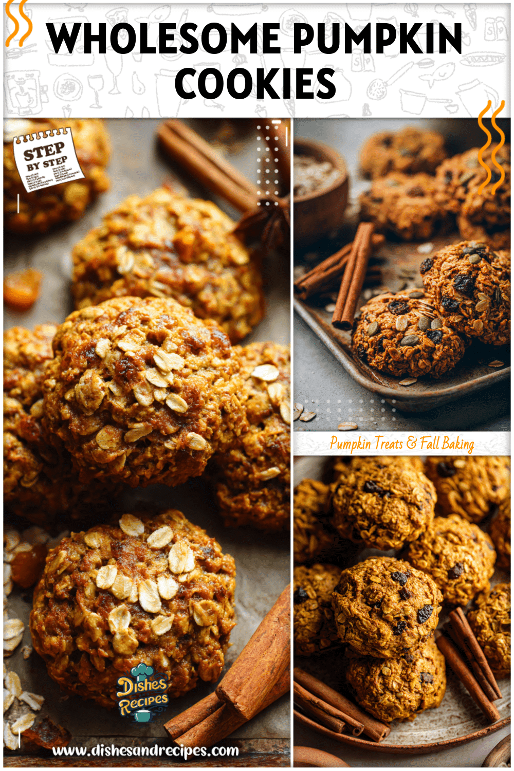 Wholesome pumpkin oats cookies on a rustic tray with cinnamon sticks beside them