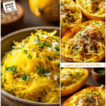 Yellow Spaghetti Squash Recipes: Easy Baked Pasta 5 Vivid yellow spaghetti squash pasta bake topped with herbs and melted cheese