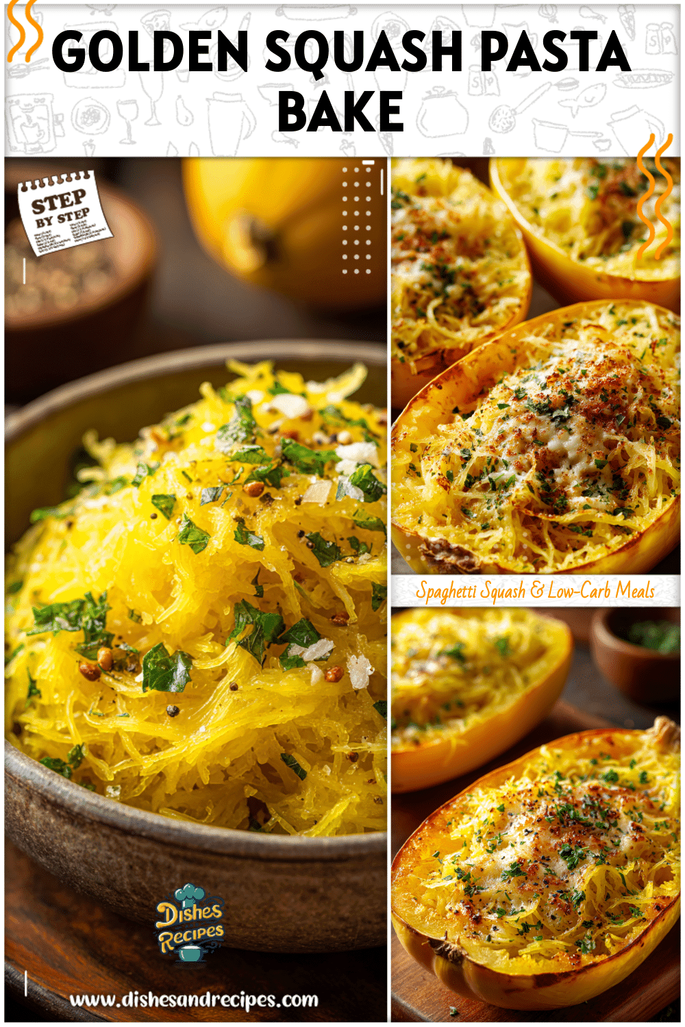 Vivid yellow spaghetti squash pasta bake topped with herbs and melted cheese