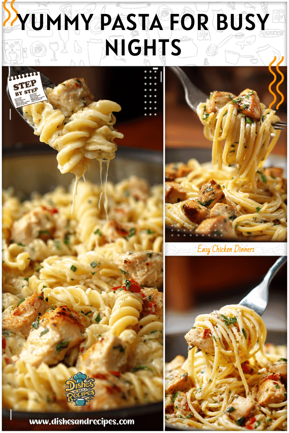 Fork twirling creamy garlic chicken pasta with chunks of chicken for a Yummy Dinner Recipes Easy idea.