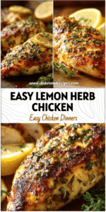 Golden baked lemon herb chicken breast on a plate with fresh herbs and sliced lemon for a healthy dinner.