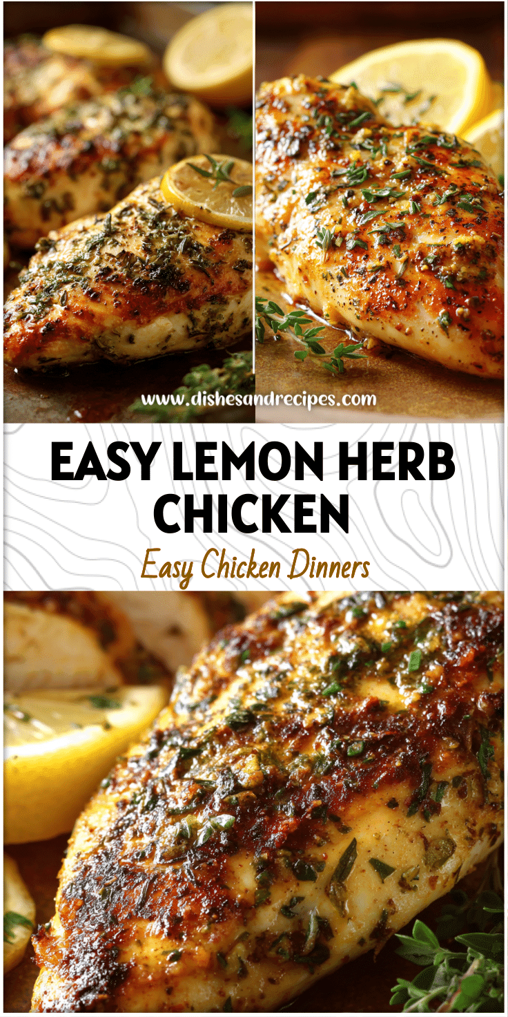 Golden baked lemon herb chicken breast on a plate with fresh herbs and sliced lemon for a healthy dinner.