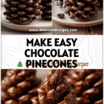 3-Ingredient Chocolate Pinecones for a Magical Christmas Dessert 5 Three chocolate pinecones on a plate styled as a festive Pinecone Dessert for Christmas Menu.