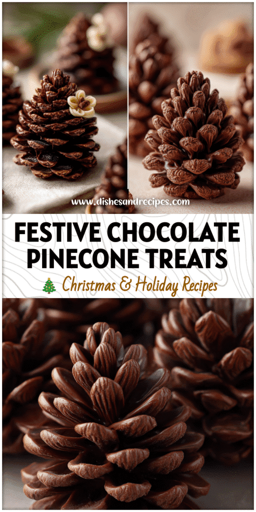 Home 34 Close-up of chocolate pinecones served as festive Christmas Snacks on a holiday table.