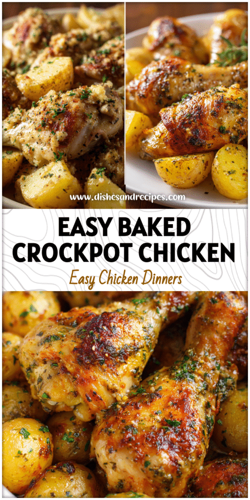 Crockpot filled with baked garlic parmesan chicken drumsticks and golden potatoes ready to serve.