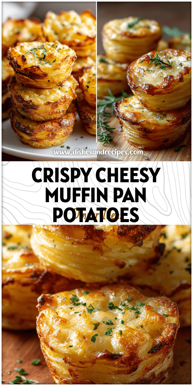 Golden stack potato stacks baked in a muffin pan, crispy Cheesy Potato Slices perfect for party appetizers.