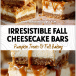 Caramel Apple Cheesecake Bars with Graham Cracker Crust 5 Golden caramel apple cheesecake bars layered on graham cracker crust topped with caramel drizzle.