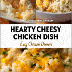 Cheesy chicken and rice hot dish baked with creamy sauce and melted cheese topping