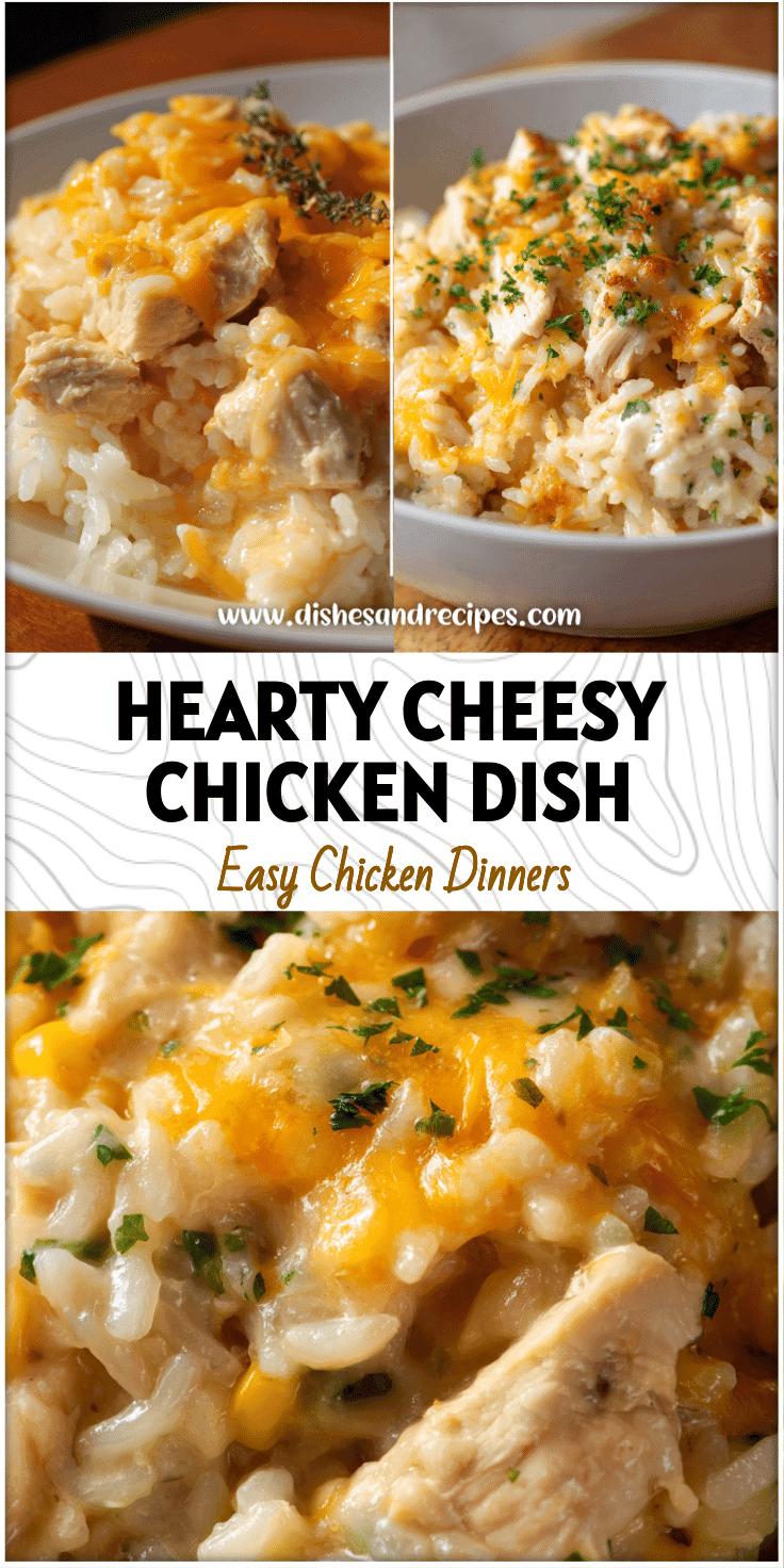 Cheesy chicken and rice hot dish baked with creamy sauce and melted cheese topping