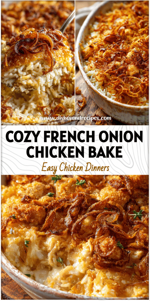 Golden French Onion Chicken and Rice Bake topped with crispy onions in a rustic casserole dish.