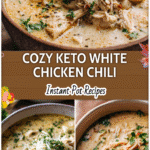 Bowl of creamy Keto White Chicken Chili Instant Pot topped with herbs and shredded chicken.