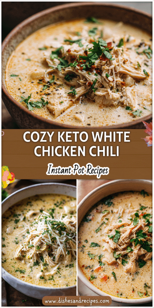 Home 30 Bowl of creamy Keto White Chicken Chili Instant Pot topped with herbs and shredded chicken.