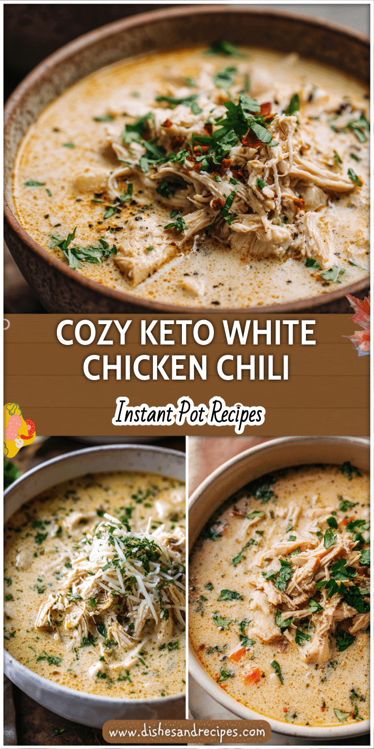 Bowl of creamy Keto White Chicken Chili Instant Pot topped with herbs and shredded chicken.