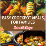 Colorful slow cooker meals arranged for easy family dinner meal prepping