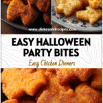 Close-up of baked bat-shaped chicken nuggets on a festive Halloween-themed plate.