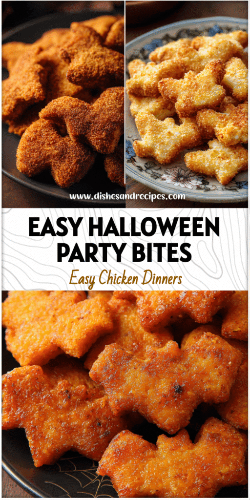 Close-up of baked bat-shaped chicken nuggets on a festive Halloween-themed plate.