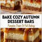 Easy Caramel Apple Crisp Cheesecake Bars Recipe 5 Close view of caramel apple crisp cheesecake bars with spiced apple topping and caramel swirls.