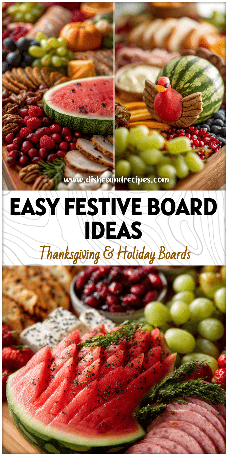 Easy Charcuterie Board Thanksgiving setup with Watermelon Turkey centerpiece and colorful Thanksgiving Festive Food arrangements.