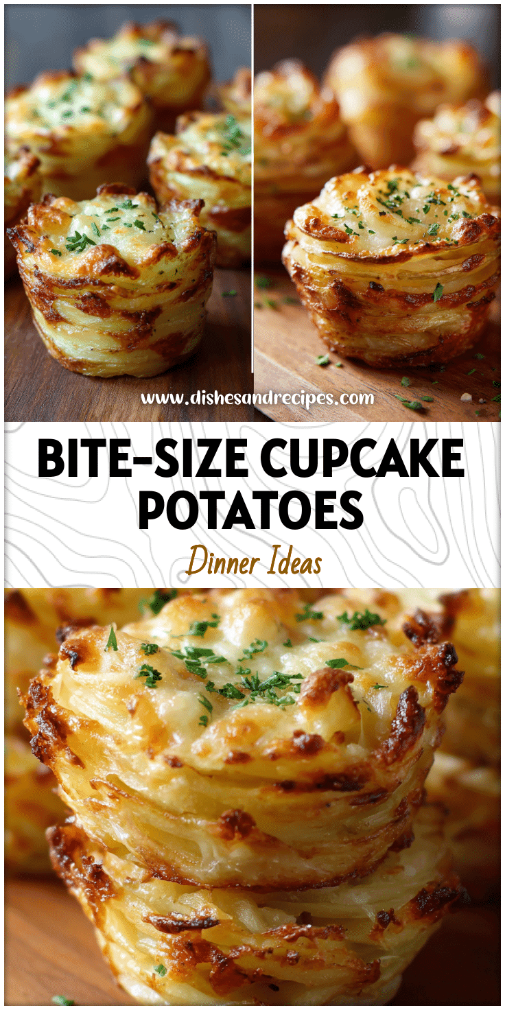 Close-up of cupcake-shaped muffin tin potatoes with golden stacked layers and melted cheese topping.