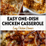 Easy Dump And Bake French Onion Chicken And Rice Casserole 5 Casserole of French Onion Chicken and Rice with melted cheese and crispy onion topping served on a table.