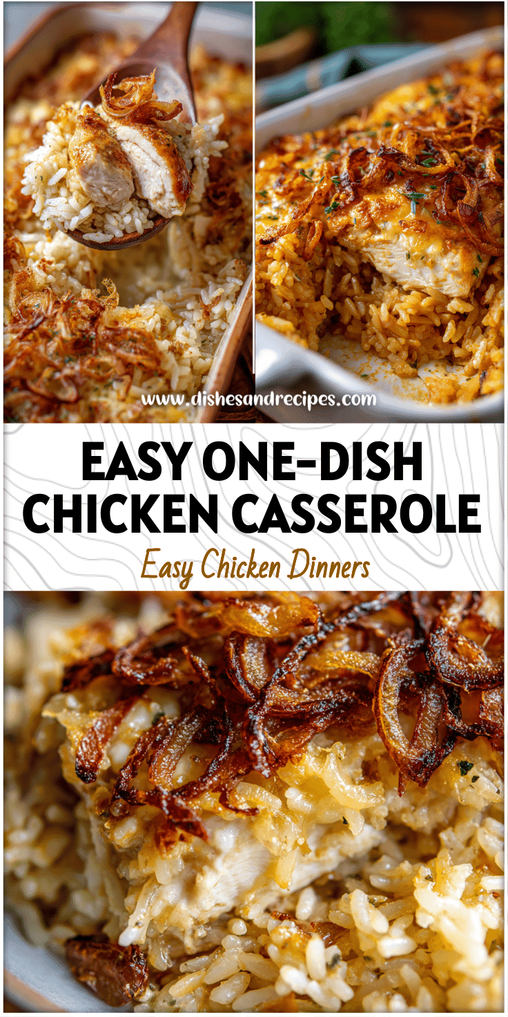 Casserole of French Onion Chicken and Rice with melted cheese and crispy onion topping served on a table.