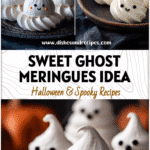 Easy Ghost Meringues Recipe for Spooky Halloween Treats 5 Plate of spooky Ghost Meringue cookies styled as Halloween Meringues with cute faces on a dark background.