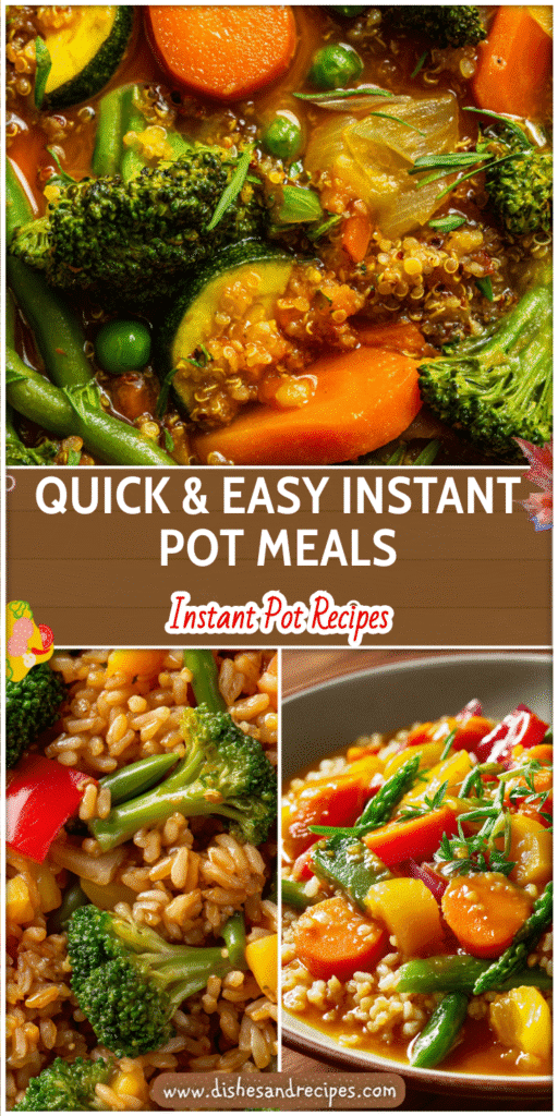 Colorful Instant Pot meal with steamed vegetables, grains, and sauce ready for quick healthy meals.