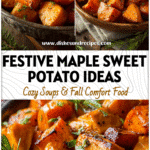 Baked Maple Yams and sweet potatoes served in a rustic dish with festive holiday decor.