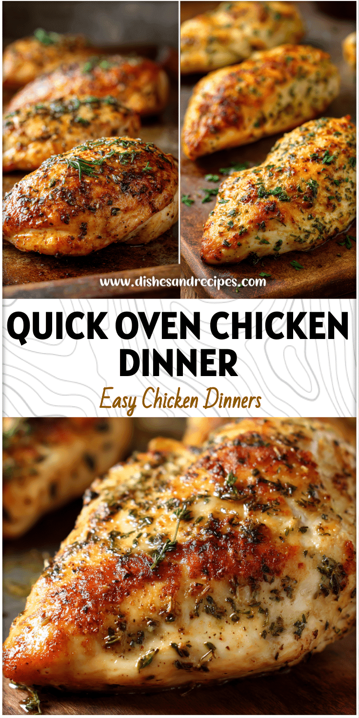 Golden oven baked chicken breasts on a rustic pan with herbs showing an easy family friendly meal
