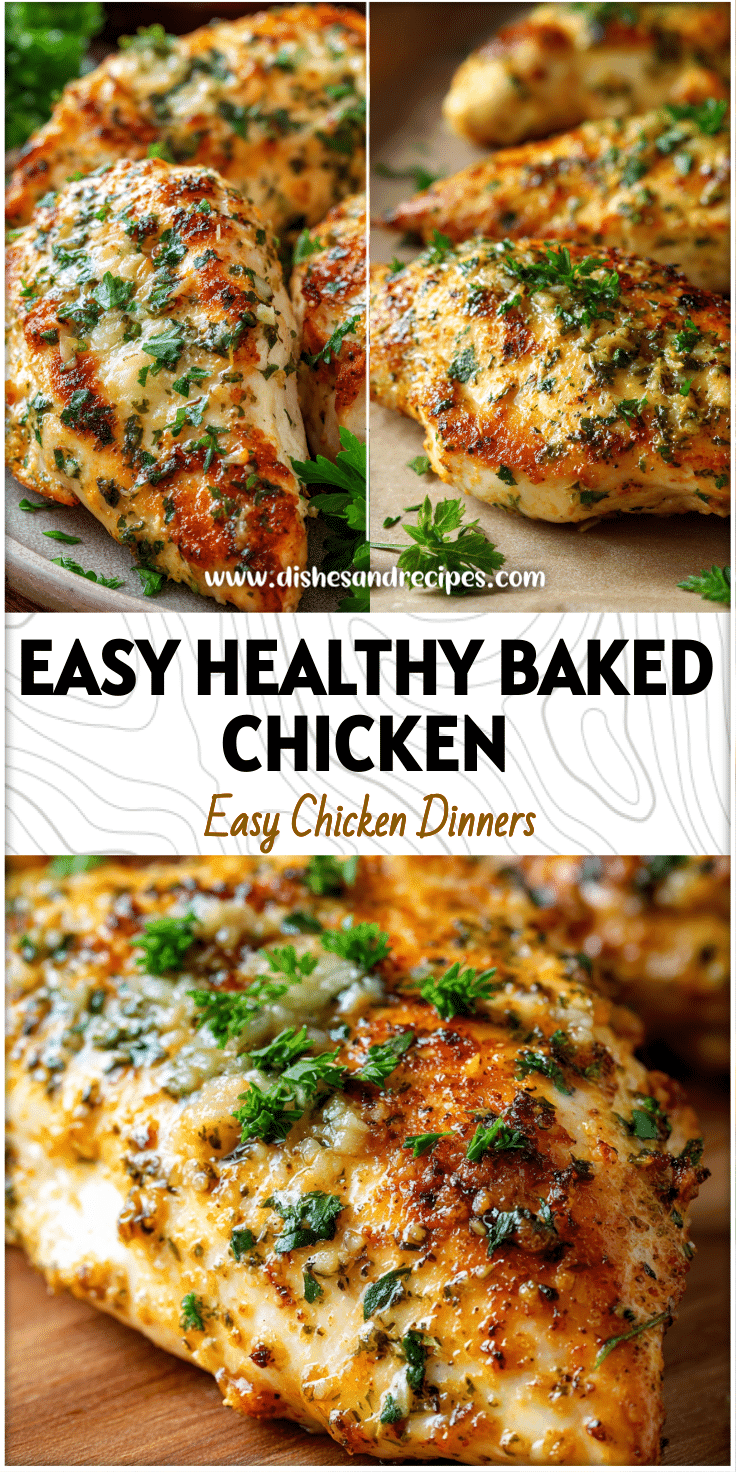 Tender oven baked chicken breasts topped with melted garlic butter and fresh parsley.